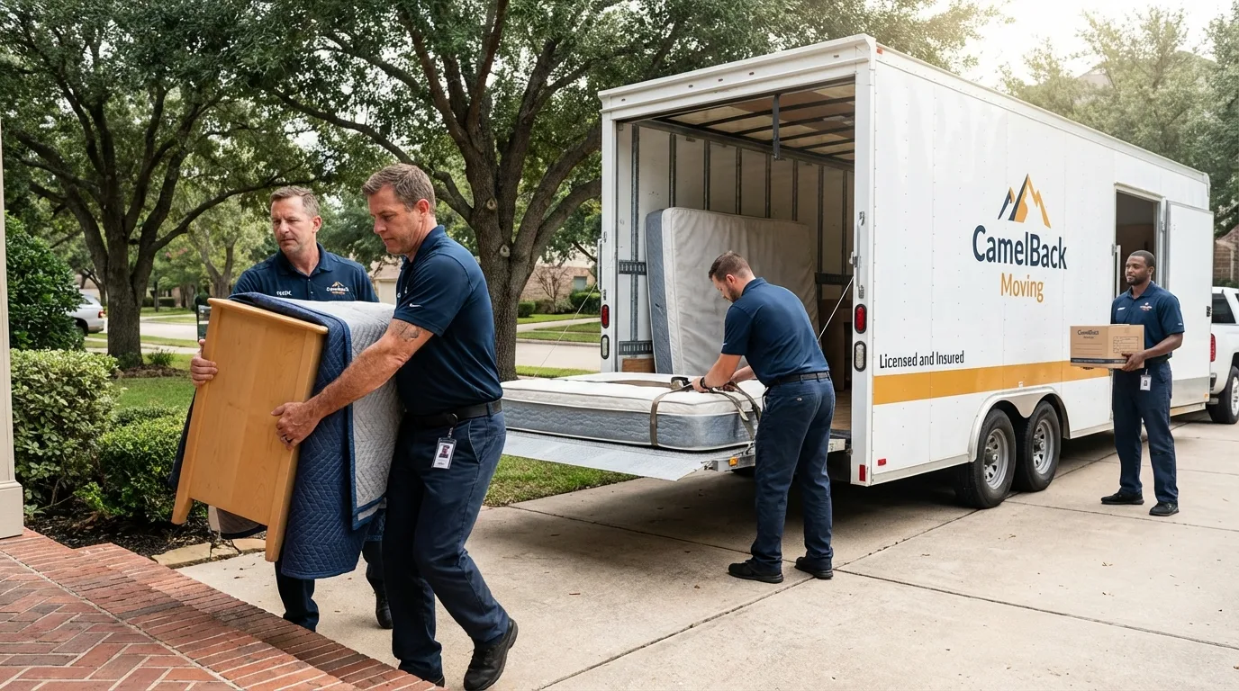 Crew loading residential truck for cross-state move from Waller, TX