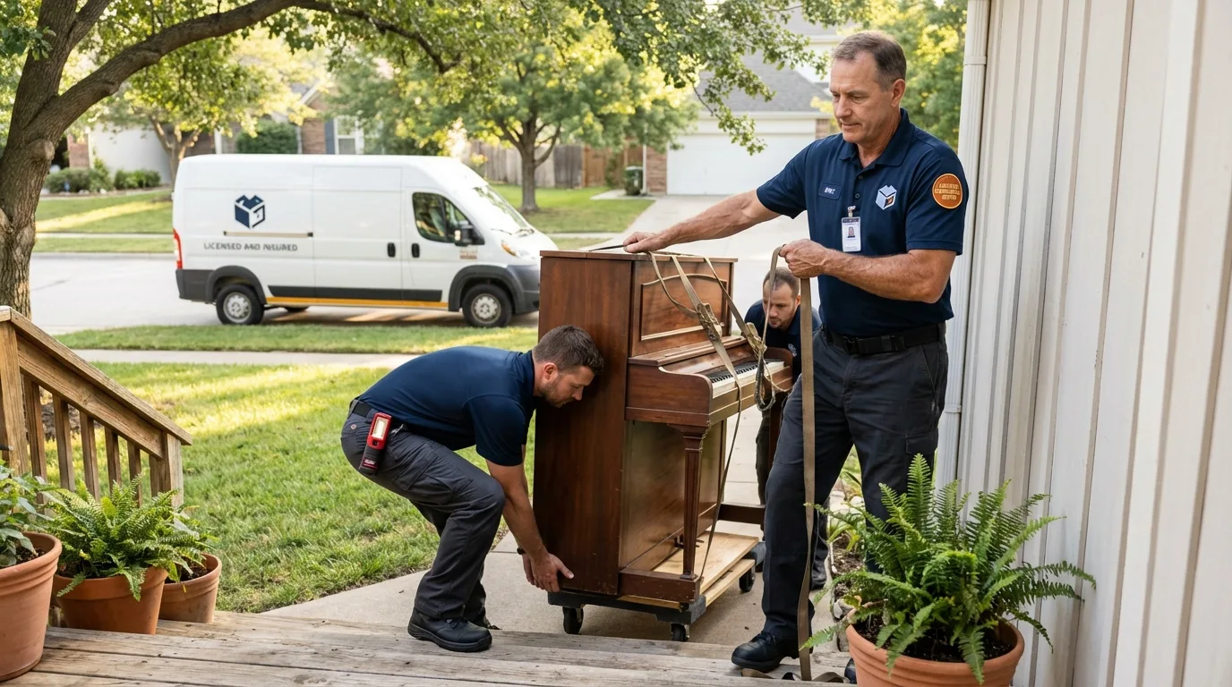 Licensed piano movers securing grand piano in Waller, TX