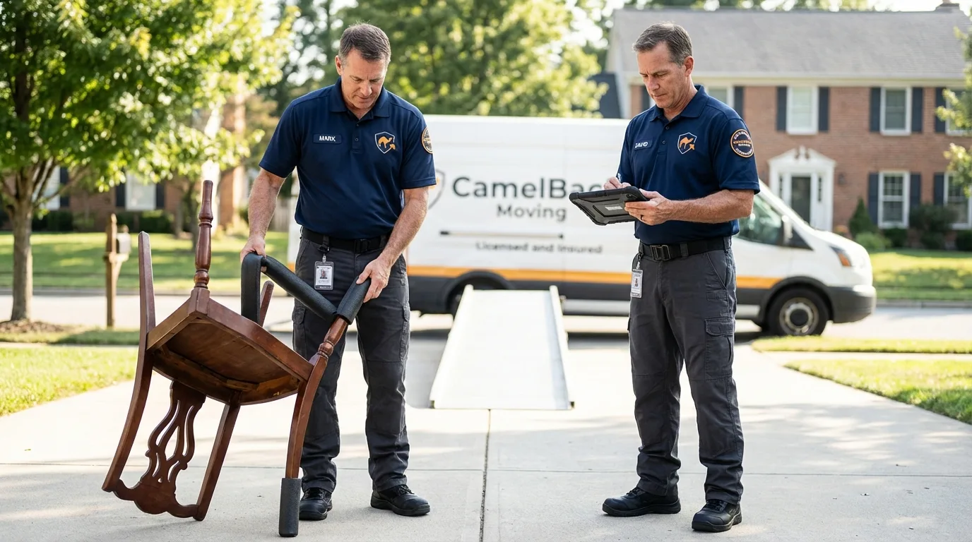 Movers inspecting furniture for damage prevention before loading in Waller, TX