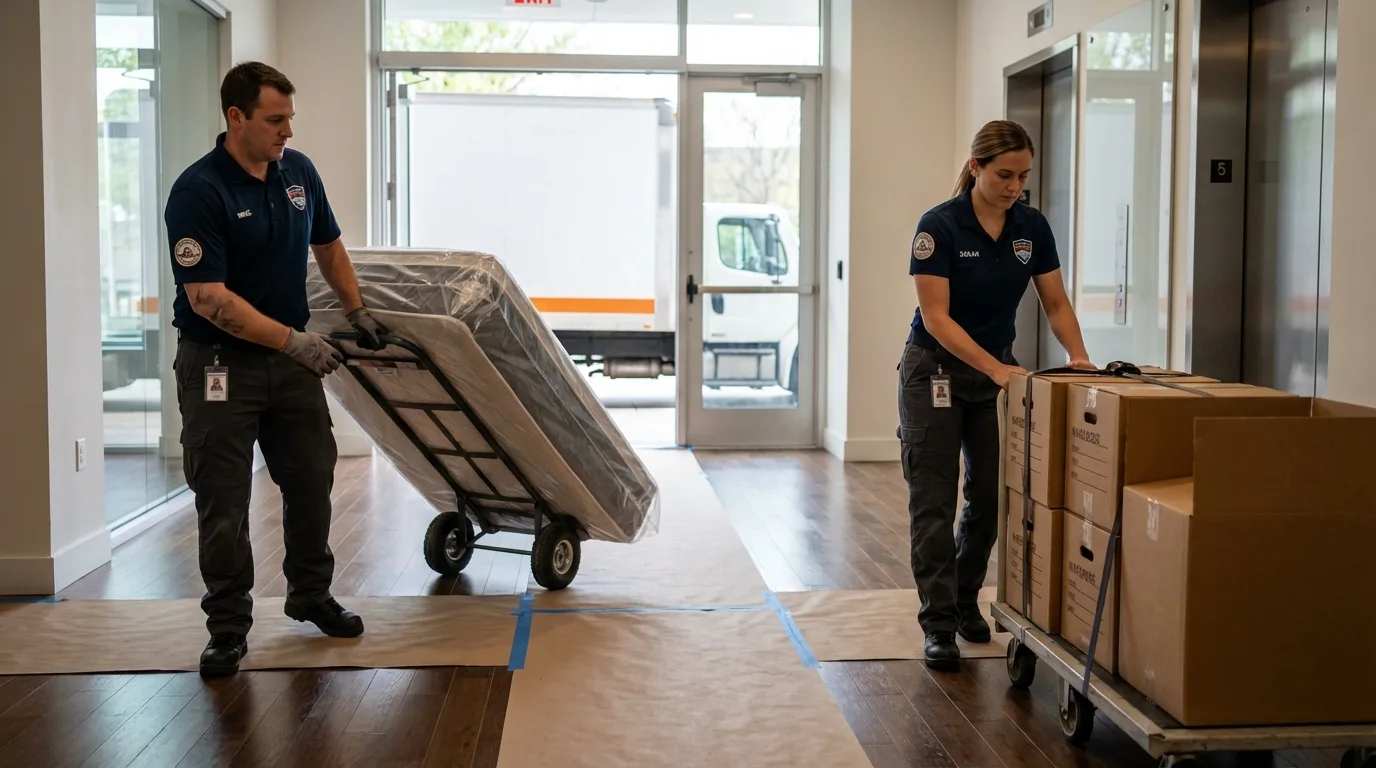 Professional apartment movers loading elevator in Waller, TX